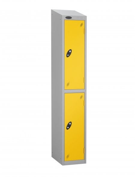 Single Metal Storage Locker | 2 Doors | 1780 x 305 x 305mm | Silver Carcass | Yellow Door | Cam Lock | Sloping Top | Probe