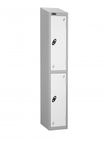 Single Metal Storage Locker | 2 Doors | 1780 x 305 x 305mm | Silver Carcass | White Door | Cam Lock | Sloping Top | Probe