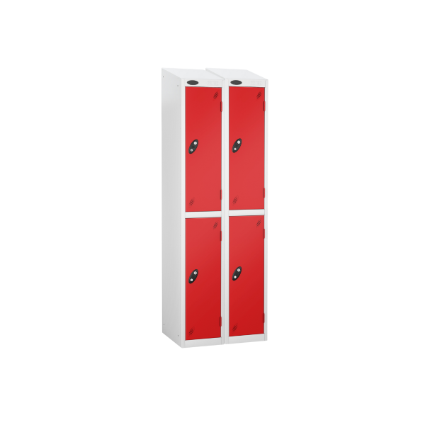 Nest of 2 Metal Storage Lockers | 2 Doors | 1780 x 305 x 305mm | White Carcass | Red Door | Cam Lock | Sloping Top | Probe