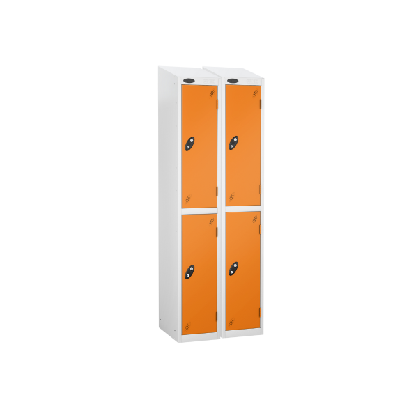 Nest of 2 Metal Storage Lockers | 2 Doors | 1780 x 305 x 305mm | White Carcass | Orange Door | Cam Lock | Sloping Top | Probe