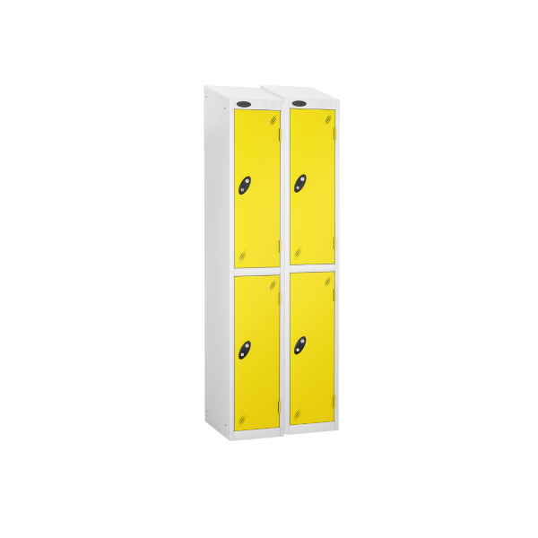 Nest of 2 Metal Storage Lockers | 2 Doors | 1780 x 305 x 305mm | White Carcass | Lemon Door | Cam Lock | Sloping Top | Probe