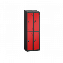 Nest of 2 Metal Storage Lockers | 2 Doors | 1780 x 305 x 305mm | Black Carcass | Red Door | Cam Lock | Sloping Top | Probe