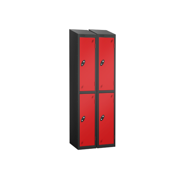 Nest of 2 Metal Storage Lockers | 2 Doors | 1780 x 305 x 305mm | Black Carcass | Red Door | Cam Lock | Sloping Top | Probe