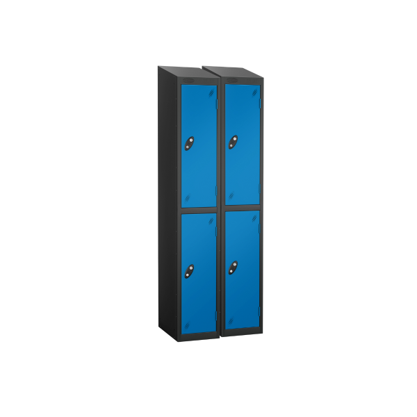 Nest of 2 Metal Storage Lockers | 2 Doors | 1780 x 305 x 305mm | Black Carcass | Blue Door | Cam Lock | Sloping Top | Probe