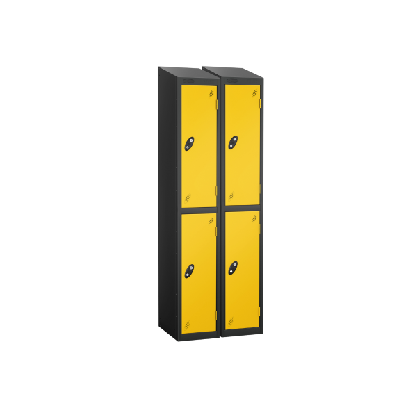 Nest of 2 Metal Storage Lockers | 2 Doors | 1780 x 305 x 305mm | Black Carcass | Yellow Door | Cam Lock | Sloping Top | Probe