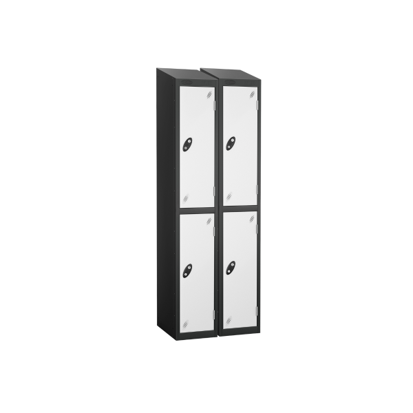 Nest of 2 Metal Storage Lockers | 2 Doors | 1780 x 305 x 305mm | Black Carcass | White Door | Cam Lock | Sloping Top | Probe