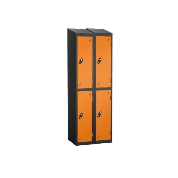 Nest of 2 Metal Storage Lockers | 2 Doors | 1780 x 305 x 305mm | Black Carcass | Orange Door | Cam Lock | Sloping Top | Probe