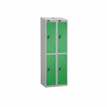 Nest of 2 Metal Storage Lockers | 2 Doors | 1780 x 305 x 305mm | Silver Carcass | Green Door | Cam Lock | Sloping Top | Probe