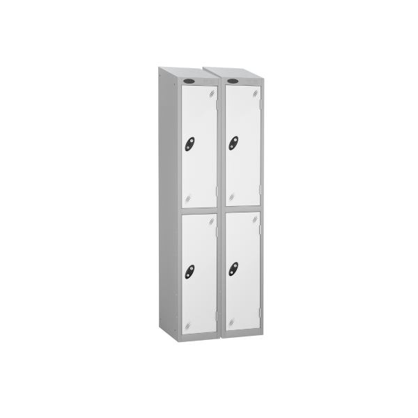 Nest of 2 Metal Storage Lockers | 2 Doors | 1780 x 305 x 305mm | Silver Carcass | White Door | Cam Lock | Sloping Top | Probe