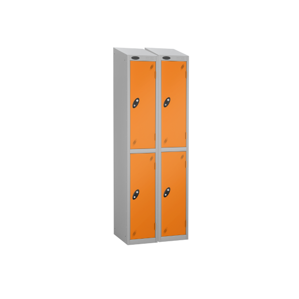 Nest of 2 Metal Storage Lockers | 2 Doors | 1780 x 305 x 305mm | Silver Carcass | Orange Door | Cam Lock | Sloping Top | Probe