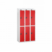 Nest of 3 Metal Storage Lockers | 2 Doors | 1780 x 305 x 305mm | White Carcass | Red Door | Cam Lock | Sloping Top | Probe