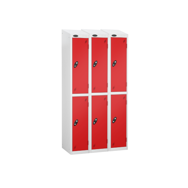 Nest of 3 Metal Storage Lockers | 2 Doors | 1780 x 305 x 305mm | White Carcass | Red Door | Cam Lock | Sloping Top | Probe