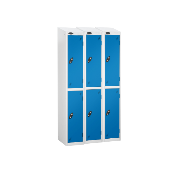 Nest of 3 Metal Storage Lockers | 2 Doors | 1780 x 305 x 305mm | White Carcass | Blue Door | Cam Lock | Sloping Top | Probe