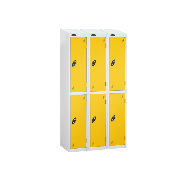 Nest of 3 Metal Storage Lockers | 2 Doors | 1780 x 305 x 305mm | White Carcass | Yellow Door | Cam Lock | Sloping Top | Probe