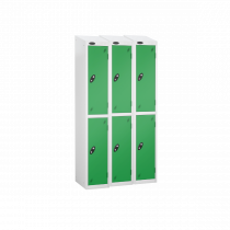 Nest of 3 Metal Storage Lockers | 2 Doors | 1780 x 305 x 305mm | White Carcass | Green Door | Cam Lock | Sloping Top | Probe