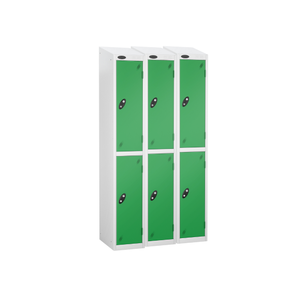 Nest of 3 Metal Storage Lockers | 2 Doors | 1780 x 305 x 305mm | White Carcass | Green Door | Cam Lock | Sloping Top | Probe