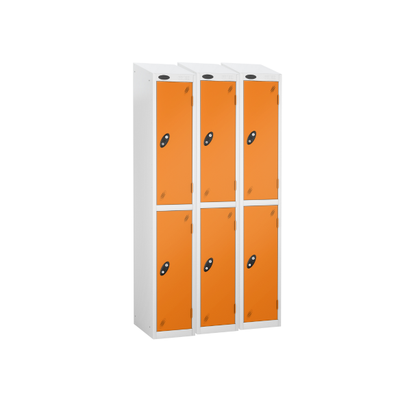 Nest of 3 Metal Storage Lockers | 2 Doors | 1780 x 305 x 305mm | White Carcass | Orange Door | Cam Lock | Sloping Top | Probe