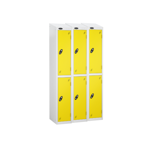 Nest of 3 Metal Storage Lockers | 2 Doors | 1780 x 305 x 305mm | White Carcass | Lemon Door | Cam Lock | Sloping Top | Probe