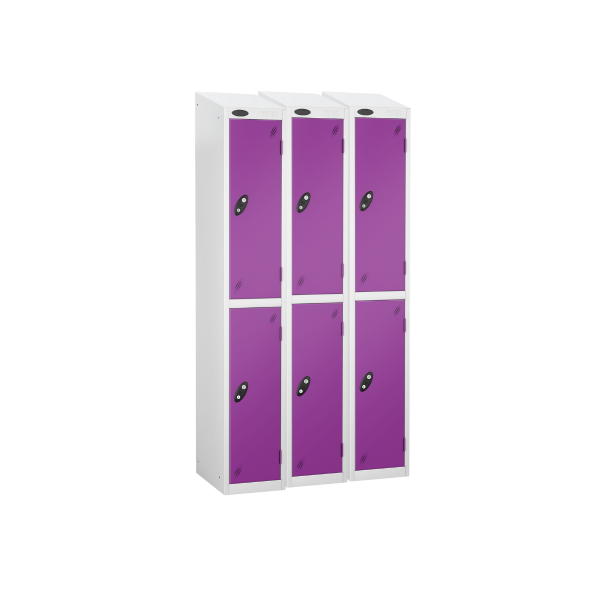 Nest of 3 Metal Storage Lockers | 2 Doors | 1780 x 305 x 305mm | White Carcass | Lilac Door | Cam Lock | Sloping Top | Probe