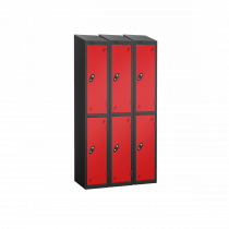 Nest of 3 Metal Storage Lockers | 2 Doors | 1780 x 305 x 305mm | Black Carcass | Red Door | Cam Lock | Sloping Top | Probe