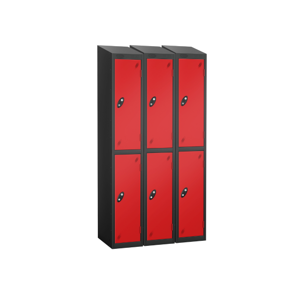 Nest of 3 Metal Storage Lockers | 2 Doors | 1780 x 305 x 305mm | Black Carcass | Red Door | Cam Lock | Sloping Top | Probe