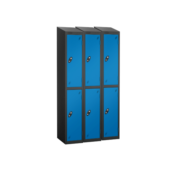 Nest of 3 Metal Storage Lockers | 2 Doors | 1780 x 305 x 305mm | Black Carcass | Blue Door | Cam Lock | Sloping Top | Probe