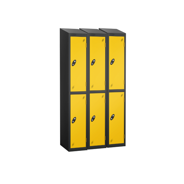 Nest of 3 Metal Storage Lockers | 2 Doors | 1780 x 305 x 305mm | Black Carcass | Yellow Door | Cam Lock | Sloping Top | Probe