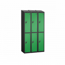 Nest of 3 Metal Storage Lockers | 2 Doors | 1780 x 305 x 305mm | Black Carcass | Green Door | Cam Lock | Sloping Top | Probe