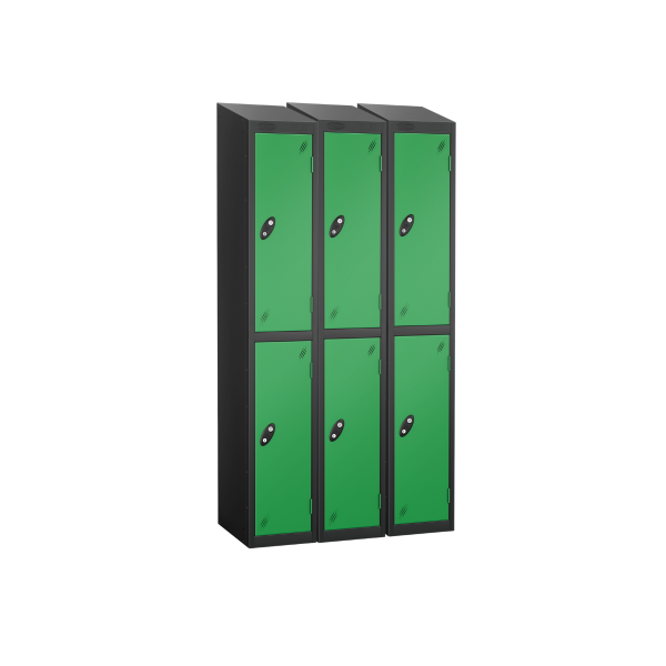 Nest of 3 Metal Storage Lockers | 2 Doors | 1780 x 305 x 305mm | Black Carcass | Green Door | Cam Lock | Sloping Top | Probe