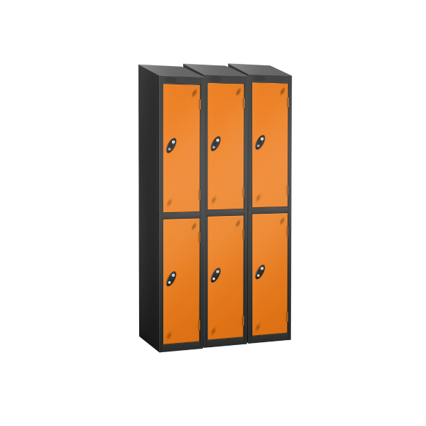 Nest of 3 Metal Storage Lockers | 2 Doors | 1780 x 305 x 305mm | Black Carcass | Orange Door | Cam Lock | Sloping Top | Probe