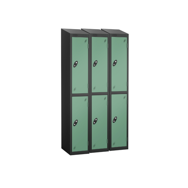 Nest of 3 Metal Storage Lockers | 2 Doors | 1780 x 305 x 305mm | Black Carcass | Jade Door | Cam Lock | Sloping Top | Probe