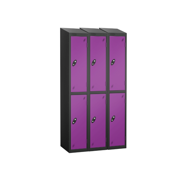 Nest of 3 Metal Storage Lockers | 2 Doors | 1780 x 305 x 305mm | Black Carcass | Lilac Door | Cam Lock | Sloping Top | Probe