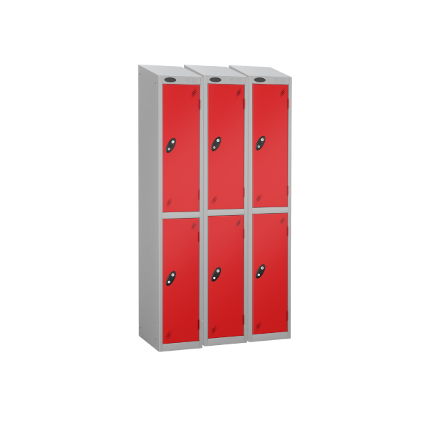 Nest of 3 Metal Storage Lockers | 2 Doors | 1780 x 305 x 305mm | Silver Carcass | Red Door | Cam Lock | Sloping Top | Probe