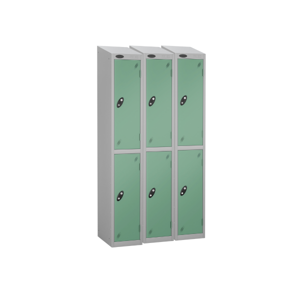 Nest of 3 Metal Storage Lockers | 2 Doors | 1780 x 305 x 305mm | Silver Carcass | Green Door | Cam Lock | Sloping Top | Probe