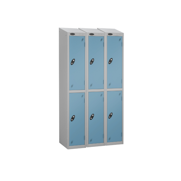 Nest of 3 Metal Storage Lockers | 2 Doors | 1780 x 305 x 305mm | Silver Carcass | Ocean Door | Cam Lock | Sloping Top | Probe