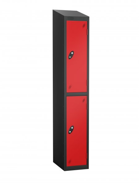 Single Metal Storage Locker | 2 Doors | 1780 x 305 x 380mm | Black Carcass | Red Door | Cam Lock | Sloping Top | Probe