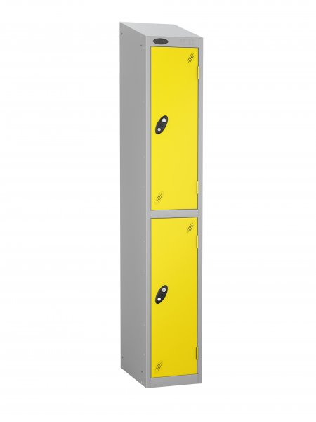 Single Metal Storage Locker | 2 Doors | 1780 x 305 x 380mm | Silver Carcass | Lemon Door | Cam Lock | Sloping Top | Probe