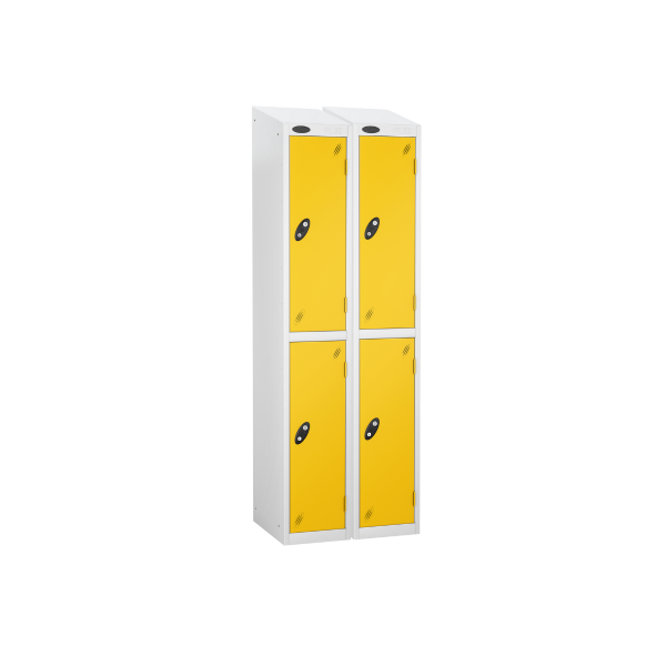 Nest of 2 Metal Storage Lockers | 2 Doors | 1780 x 305 x 380mm | White Carcass | Yellow Door | Cam Lock | Sloping Top | Probe