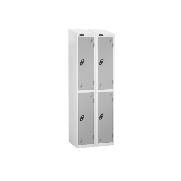 Nest of 2 Metal Storage Lockers | 2 Doors | 1780 x 305 x 380mm | White Carcass | Silver Door | Cam Lock | Sloping Top | Probe