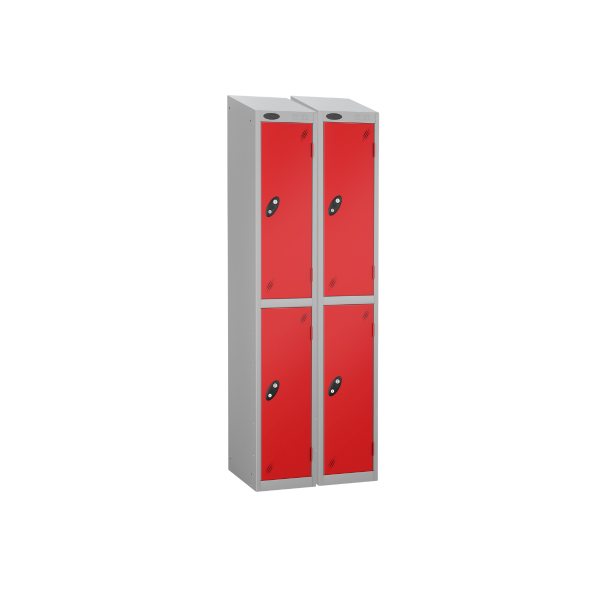 Nest of 2 Metal Storage Lockers | 2 Doors | 1780 x 305 x 380mm | Silver Carcass | Red Door | Cam Lock | Sloping Top | Probe