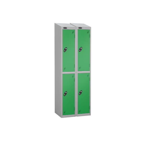 Nest of 2 Metal Storage Lockers | 2 Doors | 1780 x 305 x 380mm | Silver Carcass | Green Door | Cam Lock | Sloping Top | Probe