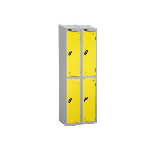 Nest of 2 Metal Storage Lockers | 2 Doors | 1780 x 305 x 380mm | Silver Carcass | Lemon Door | Cam Lock | Sloping Top | Probe