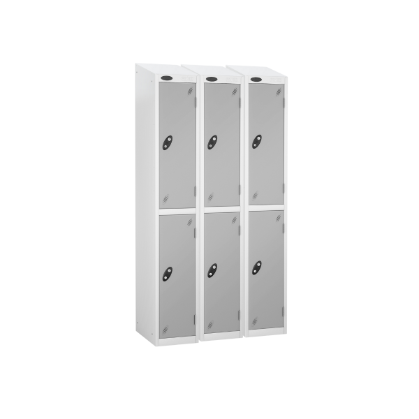 Nest of 3 Metal Storage Lockers | 2 Doors | 1780 x 305 x 380mm | White Carcass | Silver Door | Cam Lock | Sloping Top | Probe