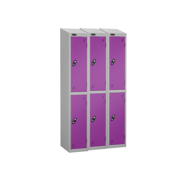 Nest of 3 Metal Storage Lockers | 2 Doors | 1780 x 305 x 380mm | Silver Carcass | Lilac Door | Cam Lock | Sloping Top | Probe