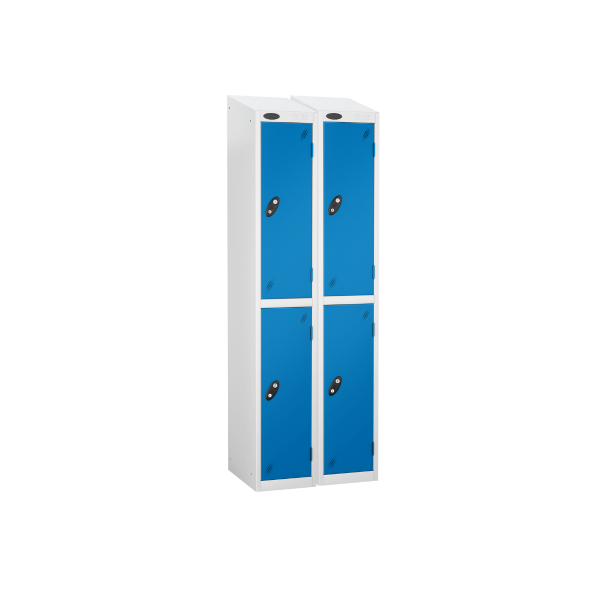 Nest of 2 Metal Storage Lockers | 2 Doors | 1780 x 380 x 380mm | White Carcass | Blue Door | Cam Lock | Sloping Top | Probe