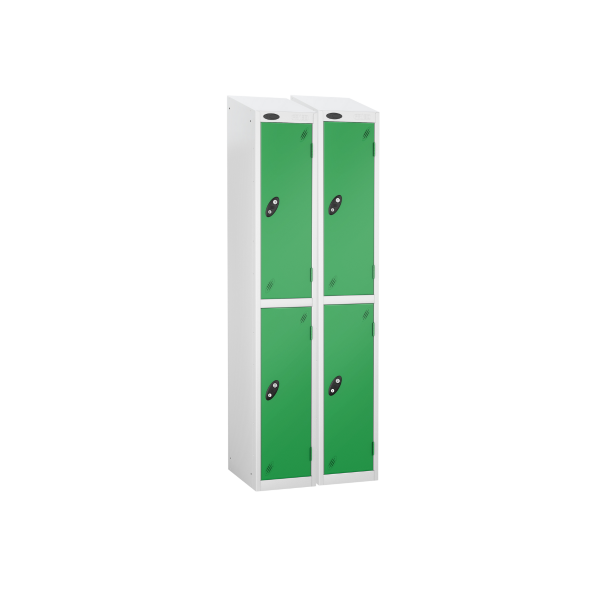 Nest of 2 Metal Storage Lockers | 2 Doors | 1780 x 380 x 380mm | White Carcass | Green Door | Cam Lock | Sloping Top | Probe