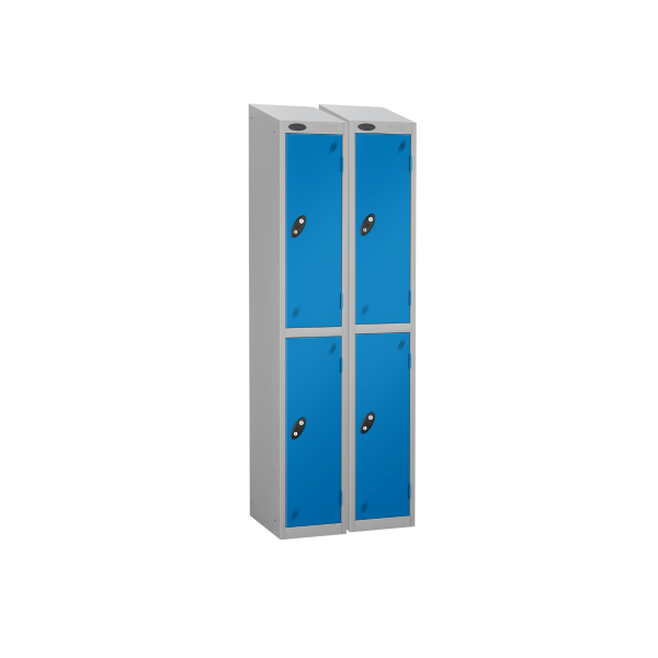 Nest of 2 Metal Storage Lockers | 2 Doors | 1780 x 380 x 380mm | Silver Carcass | Blue Door | Cam Lock | Sloping Top | Probe