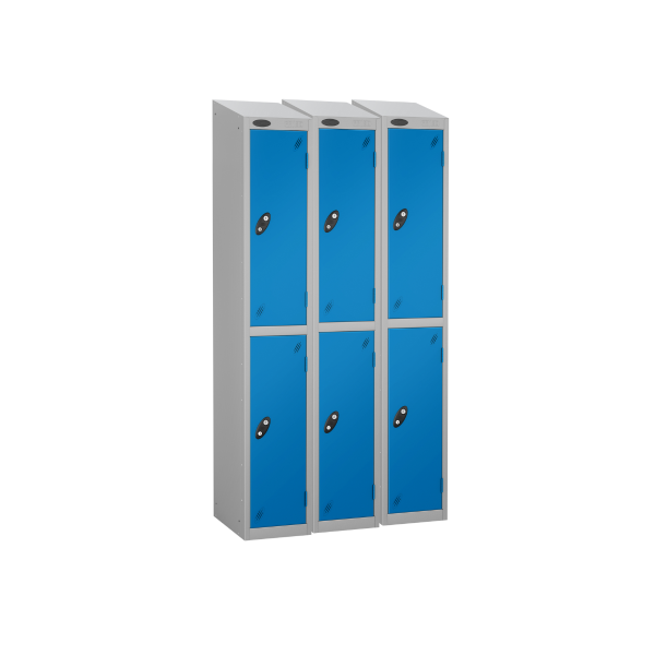 Nest of 3 Metal Storage Lockers | 2 Doors | 1780 x 380 x 380mm | Silver Carcass | Blue Door | Cam Lock | Sloping Top | Probe