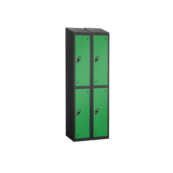 Nest of 2 Metal Storage Lockers | 2 Doors | 1780 x 380 x 460mm | Black Carcass | Green Door | Cam Lock | Sloping Top | Probe