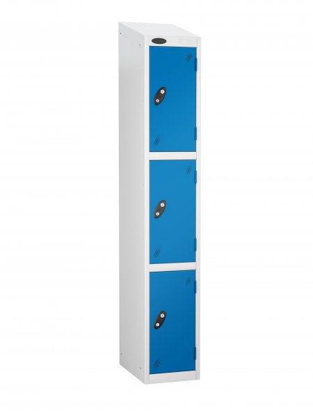 Single Metal Storage Locker | 3 Doors | 1780 x 305 x 305mm | White Carcass | Blue Door | Cam Lock | Sloping Top | Probe